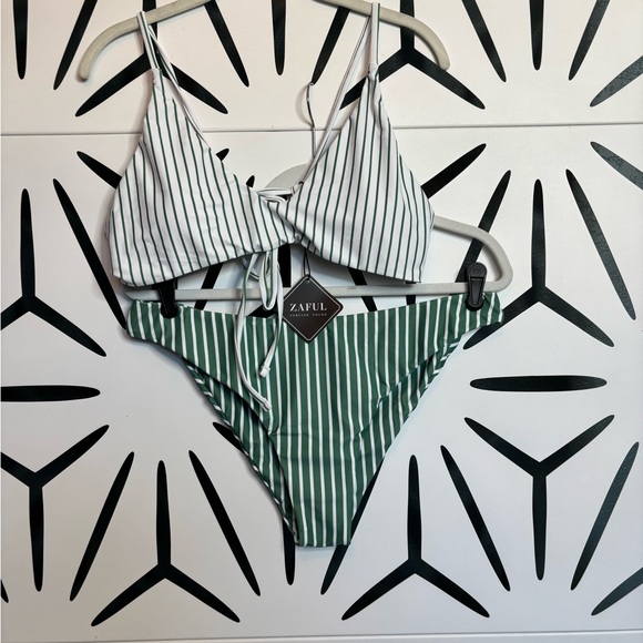 NWT ZAFUL Tie Back Bralette Bikini Set High Cut White Green Stripe XL - Picture 2 of 13